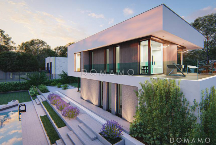 Проект комфортного загородного дома с гаражом на две машины, светлой гостиной, террасой, балконом