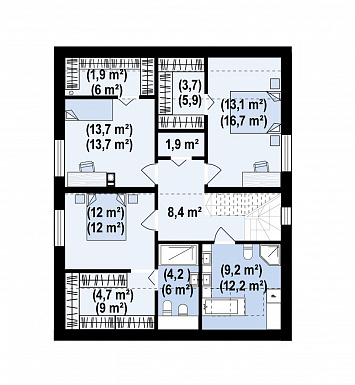 Проект загородного дома с панорамным остеклением гостиной, гаражом, кладовой и мастер-спальней на мансарде / План мансардного этажа