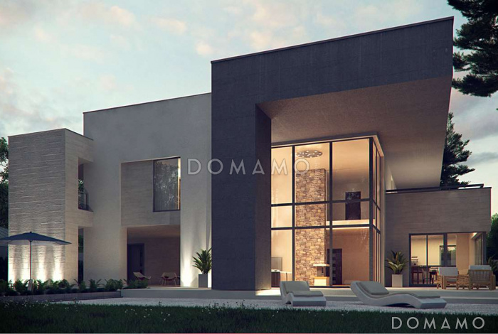 Проект большого современного двухэтажного дома из газобетона необычной формы, с тремя спальнями и кабинетом, сауной и гаражом