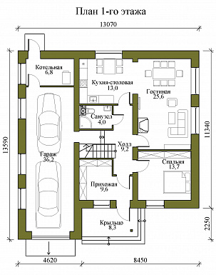 Проект двухэтажного каркасного дома с гаражом на два машиноместа, тремя спальнями и кабинетом на втором этаже / План 1 этажа