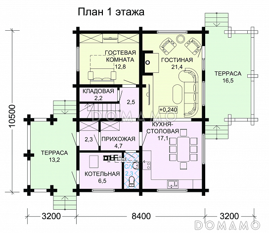 Проект современного дома из бруса в насыщенно-вишневом цвете с крытой террасой / План 1 этажа