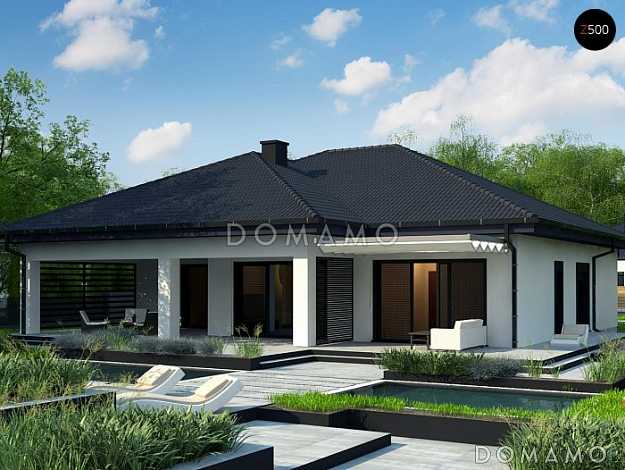 Проект большого одноэтажного дома из газобетона с тремя спальнями, кабинетом с отдельным входом и гаражом