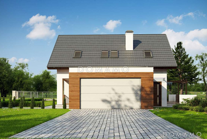 Проект комфортного одноэтажного мансардного дома из кирпича с изолированной кухней, большим гаражом и четырьмя спальнями