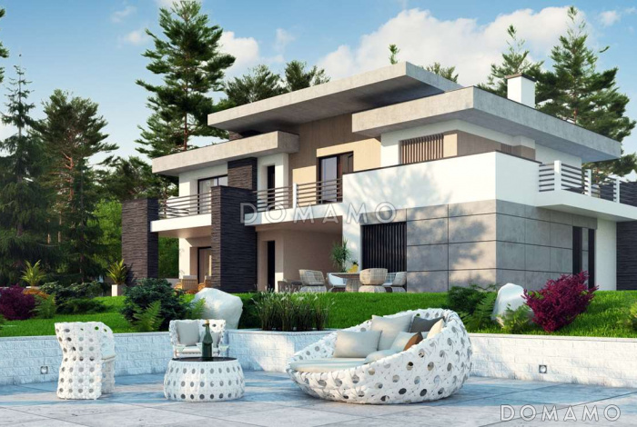 Проект современного просторного двухэтажного дома из газобетона с гаражом и просторными террасами на обоих уровнях