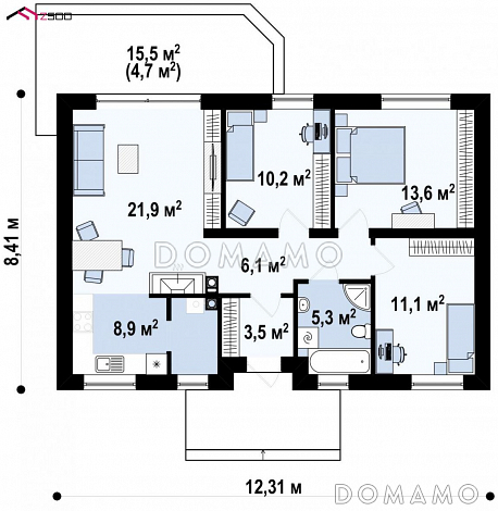 Проект компактного одноэтажного дома из кирпича с острой крышей, с тремя спальнями и небольшой крытой террасой / План 1 этажа