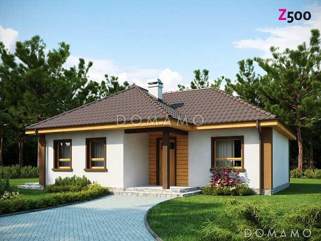 Проект небольшого одноэтажного дома из кирпича с тремя спальнями и красивой угловой террасой