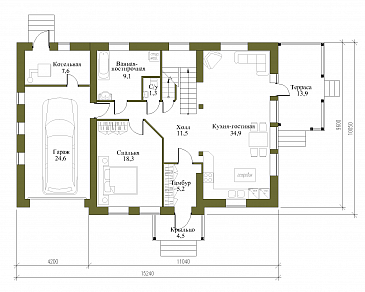 Проект загородного дома под красной кровлей с вторым светом, террасой и гаражом / План 1 этажа