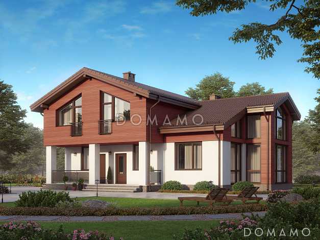 Проект дома из газобетона с панорамными окнами и натуральной черепицей