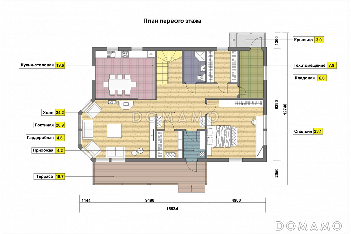 Проект каркасного дома с постирочной на мансардном этаже / План 1 этажа