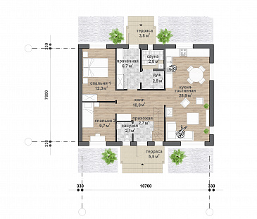 M-123 одноэтажный с мансардой дом / План 1 этажа