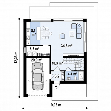 Проект загородного дома с панорамным остеклением гостиной, гаражом, кладовой и мастер-спальней на мансарде / План 1 этажа