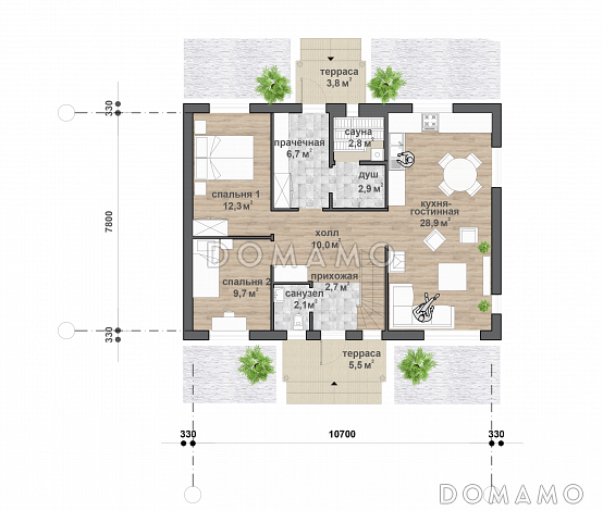 M-123 одноэтажный с мансардой дом / План 1 этажа
