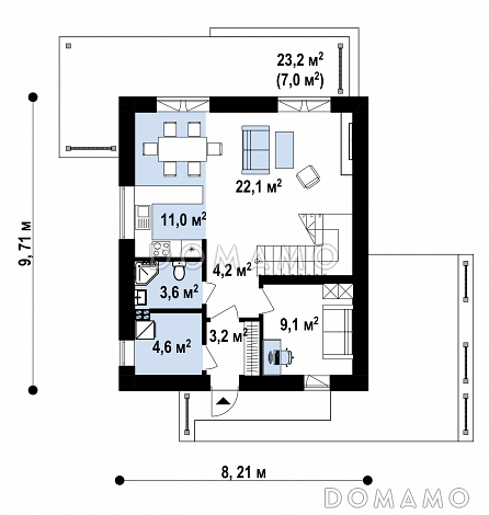 Проект двухэтажного загородного дома для семьи с детьми, просторной ванной, террасой / План 1 этажа