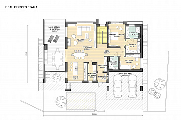 Проект современного дома с цокольным этажом, плоской кровлей, террасой с барбекю / План 1 этажа