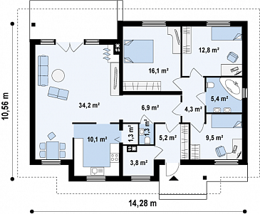 Проект одноэтажного дома из газобетона с тремя спальнями и комнатой на мансардном этаже / План 1 этажа