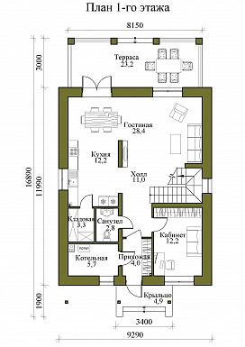 Проект двухэтажного кирпичного дома с крытой террасой и четырьмя спальнями на втором этаже / План 1 этажа
