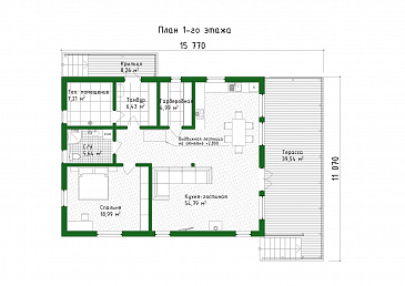 Проект каркасного дома с патио, мансардой и открытой террасой / План 1 этажа