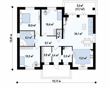 Проект одноэтажного дома с гардеробной в прихожей, просторной гостиной,  тремя спальнями, террасой / План 1 этажа