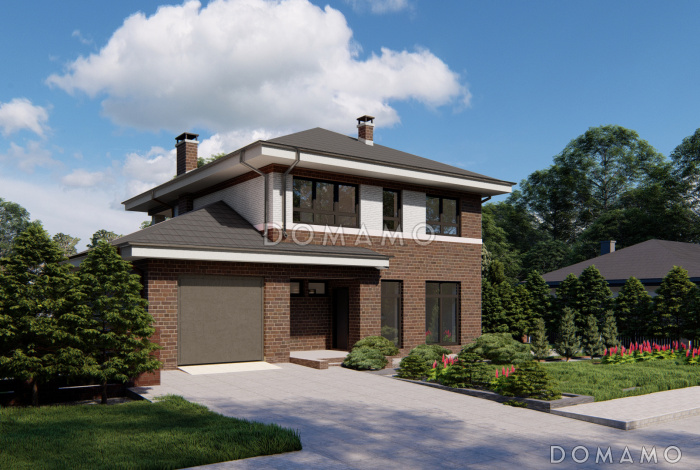 Проект двухэтажного дома с большим санузлом на первом этаже, кабинетом, гаражом на один автомобиль, балконом