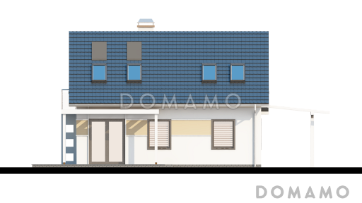 Проект одноэтажного мансардного дома из кирпича с балконом и навесом для автомобиля, с увеличенной гостиной / Фасад 3