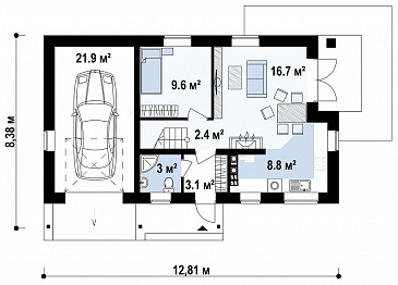 Проект мансардного дома из кирпича с четырьмя спальнями и гаражом / План 1 этажа