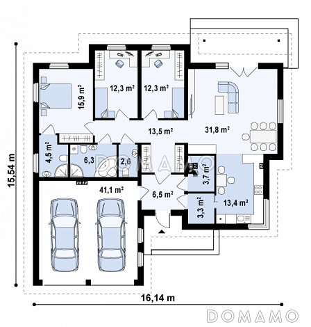 Проект одноэтажного дома из газобетона с тремя спальнями и гаражом на два автомобиля / План 1 этажа