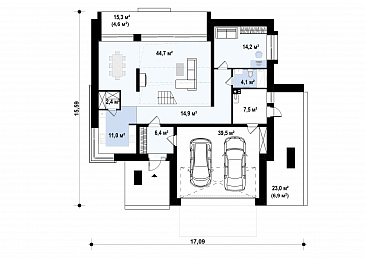Проект дома из газобетона с кабинетом, гаражом на 2 машины и террасой на втором этаже / План 1 этажа