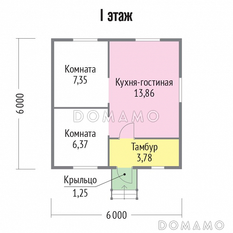 Проект дома из клееного бруса с двумя маленькими спальнями / План 1 этажа