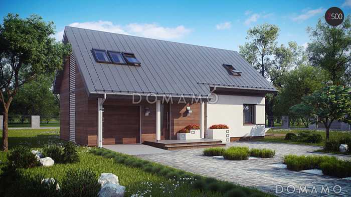 Проект одноэтажного мансардного дома из газобетона с гаражом и большим фронтонным окном