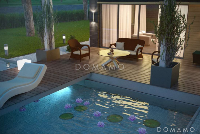 Проект компактного одноэтажного дома из кирпича с ночной зоной на мансардном этаже и с гаражом