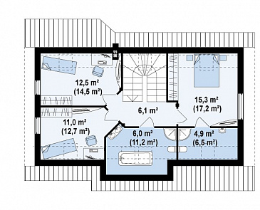 Проект традиционного мансардного дома из кирпича с дополнительной спальней на первом этаже / План мансардного этажа