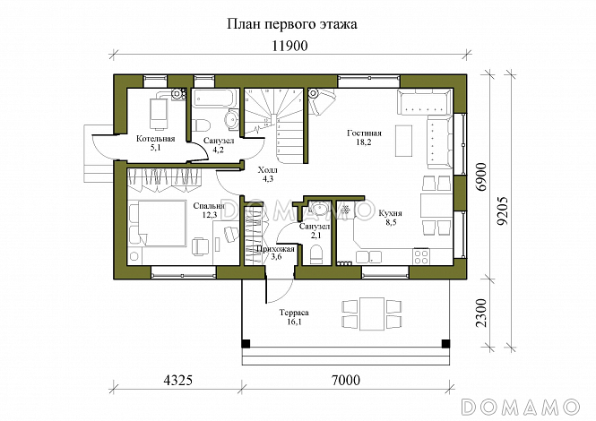 Проект компактного одноэтажного дома с мансардной и четырьмя спальнями / План 1 этажа