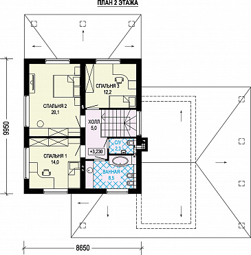 Проект двухэтажного дома с гаражом и навесом для автомобилей / План 2 этажа