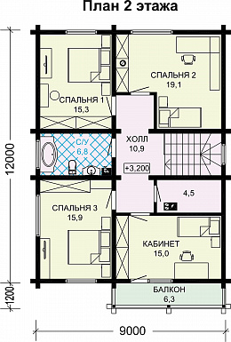 Проект дома из бруса с 4 спальнями и кабинетом с балконом / План 2 этажа