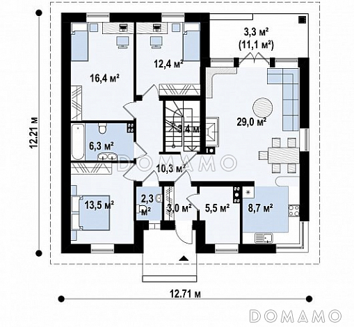 Проект загородного дома с угловым окном на кухне, камином в гостиной, террасой, подвалом / План 1 этажа