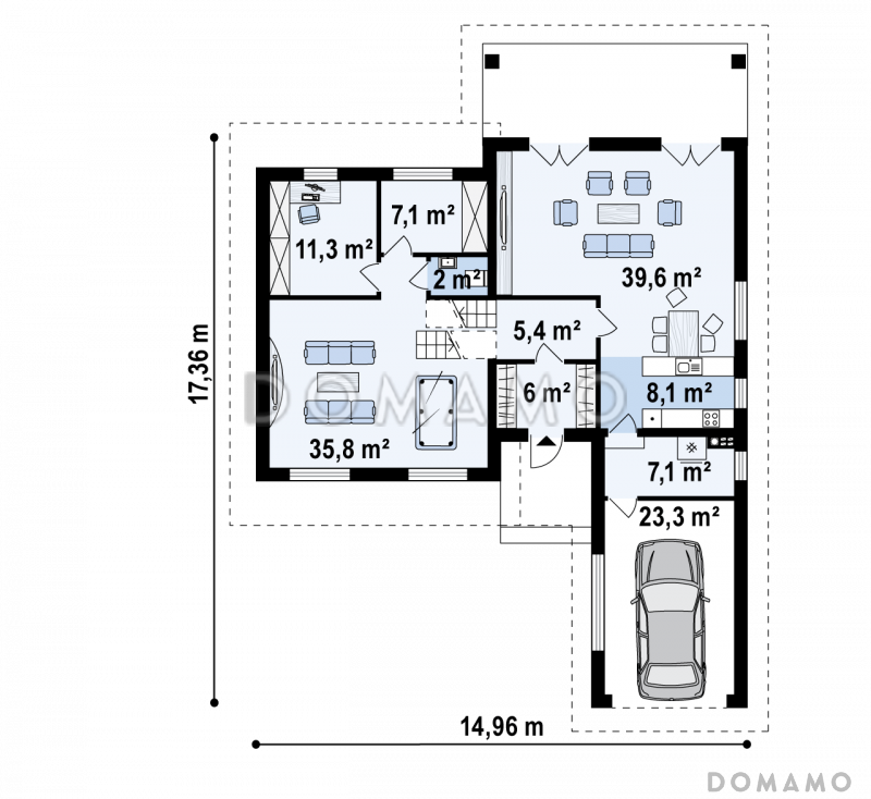 Проект необычного трёхуровневого дома из кирпича с бильярдной, тремя спальнями и гаражом / План 1 этажа