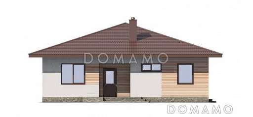 Проект одноэтажного дома из пенобетона с тремя спальнями, шатровой крышей и комбинированной облицовкой / Фасад 1