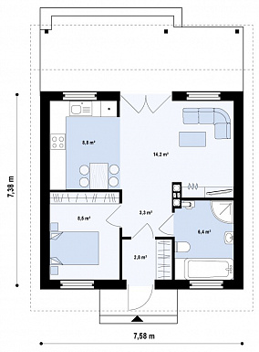 Проект маленького одноэтажного дома из кирпича с просторной крытой террасой / План 1 этажа