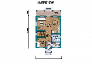 Проект двухэтажного дома с 4 спальнями, кабинетом, просторной кухней-гостиной и длинной крытой террасой / План 1 этажа