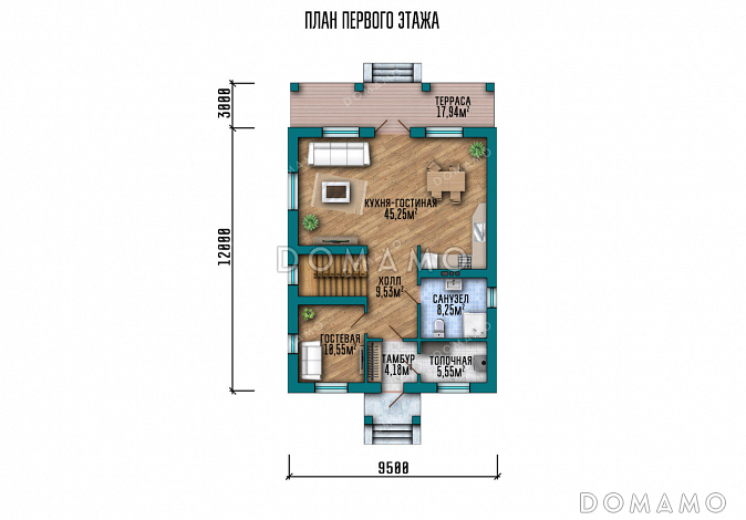 Проект двухэтажного дома с 4 спальнями, кабинетом, просторной кухней-гостиной и длинной крытой террасой / План 1 этажа