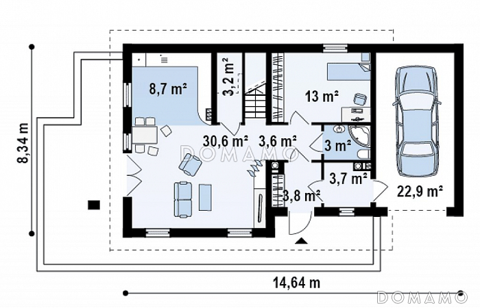 Проект одноэтажного мансардного дома из газобетона с дополнительной спальней на первом этаже, гаражом и террасой над ним / План 1 этажа