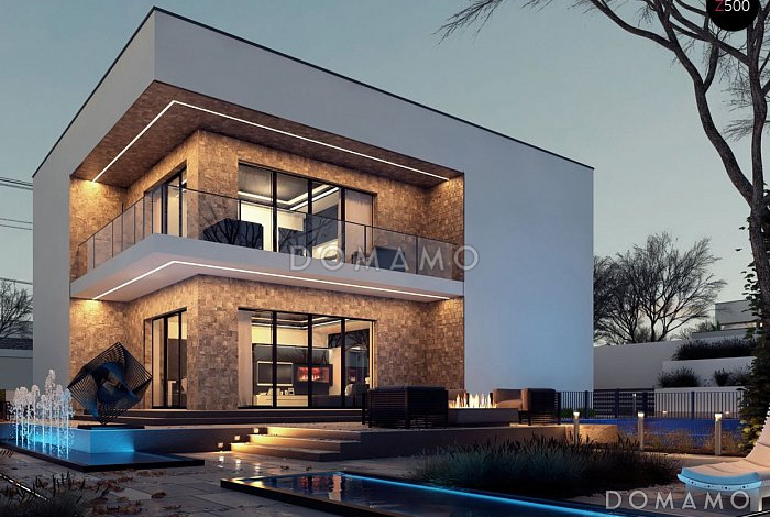 Проект современного двухэтажного дома из кирпича с плоской крышей, с четырьмя комнатами, гаражом и угловой лоджией