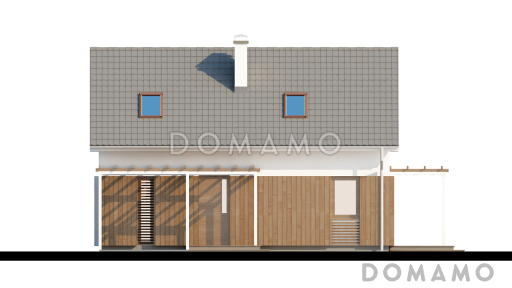 Проект одноэтажного мансардного дома из газобетона с навесом для автомобиля / Фасад 1