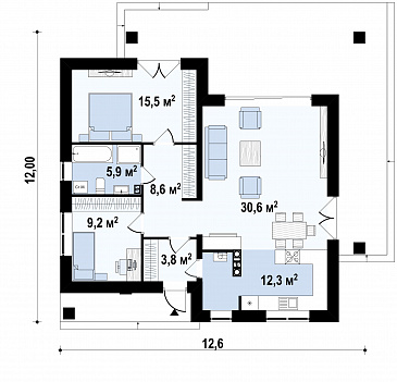 Проект простого комфортного одноэтажного дома из газобетона для небольшой семьи / План 1 этажа
