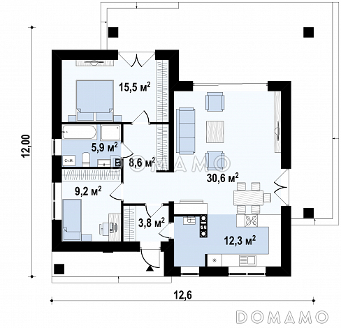 Проект простого комфортного одноэтажного дома из газобетона для небольшой семьи / План 1 этажа