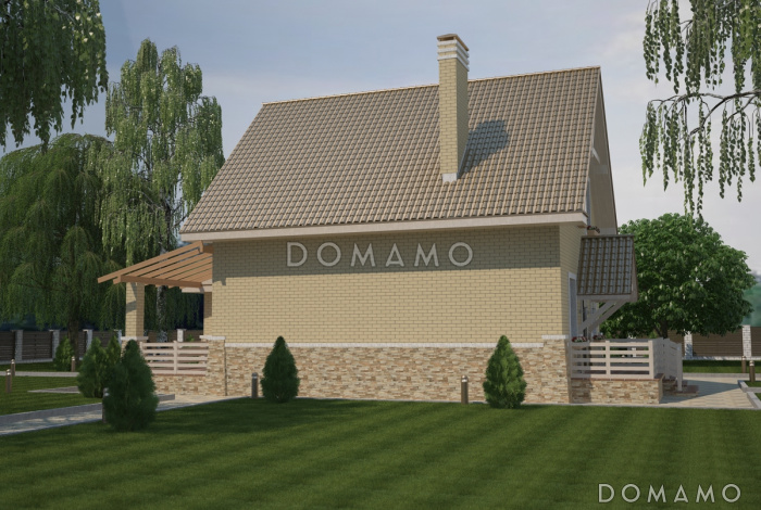 Проект коттеджа с мансардным этажом, гаражом и большой террасой