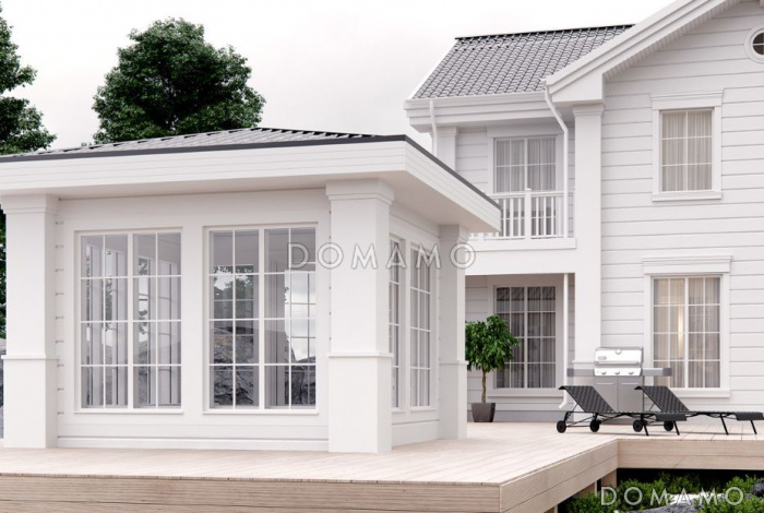 Проект изумительного белого цвета дома из клееного бруса