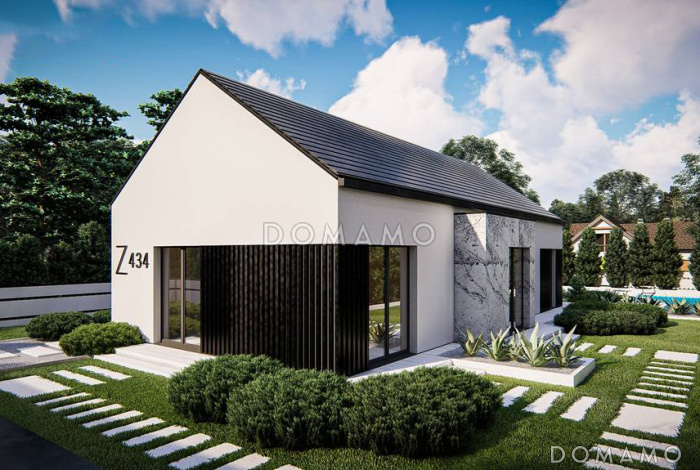 Проект одноэтажного дома с продуманной планировкой, эркером, навесом, объединенной кухней и гостиной