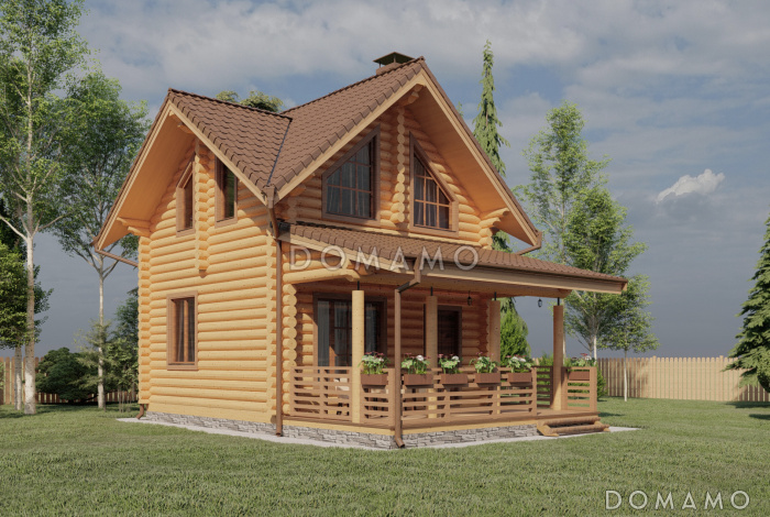 Проект двухэтажного дома из бревна с двумя спальнями, камином и верандой