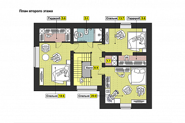Проект загородного дома с тремя спальнями на мансардном этаже, круглым окном, гаражом на одну машину / План мансардного этажа